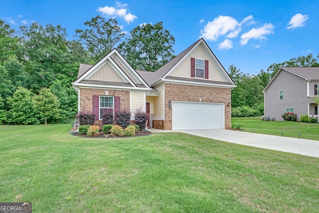1431 Beckett Dr, Hampton, GA 30228 - view of front of home featuring driveway, an attached garage, a front lawn, board and batten siding, and brick siding