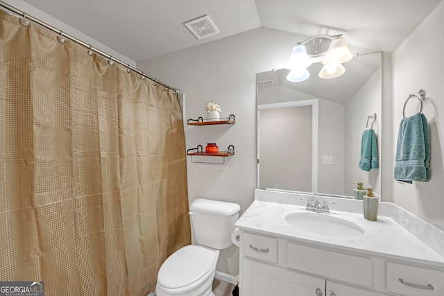 1431 Beckett Dr, Hampton, GA 30228 - bathroom with vaulted ceiling, toilet, vanity, a chandelier, and curtained shower