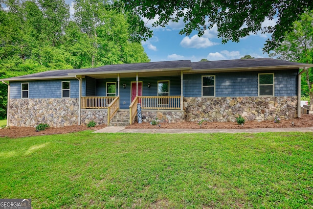 1226 Hull Rd, Athens, GA 30601 - ranch-style home featuring stone siding, covered porch, and a front lawn