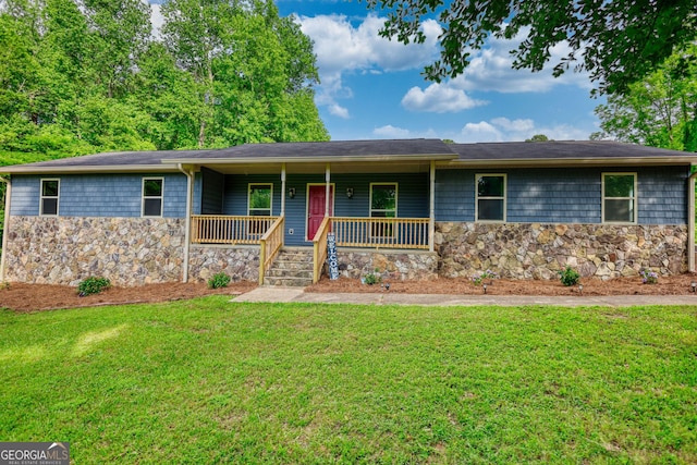 1226 Hull Rd, Athens, GA 30601 - ranch-style house featuring stone siding, a porch, and a front lawn
