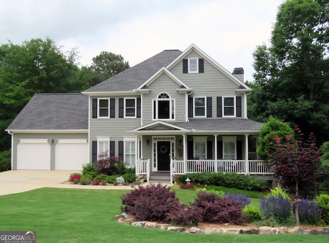 21 Devin Ln, Euharlee, GA 30145 - colonial home featuring a chimney, a porch, roof with shingles, an attached garage, and a front lawn