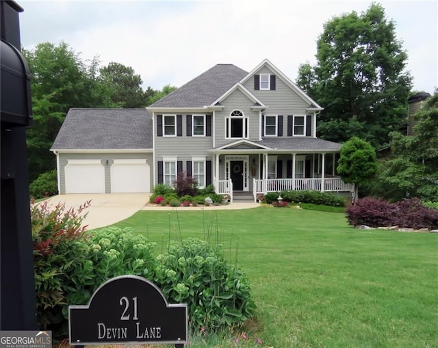 21 Devin Ln, Euharlee, GA 30145 - colonial-style house featuring covered porch, driveway, a front lawn, a garage, and roof with shingles