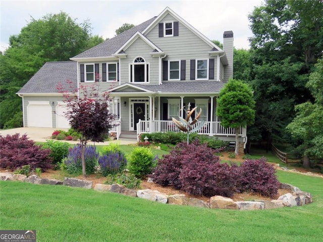 21 Devin Ln, Euharlee, GA 30145 - view of front of property featuring a chimney, covered porch, a garage, a shingled roof, and a front yard