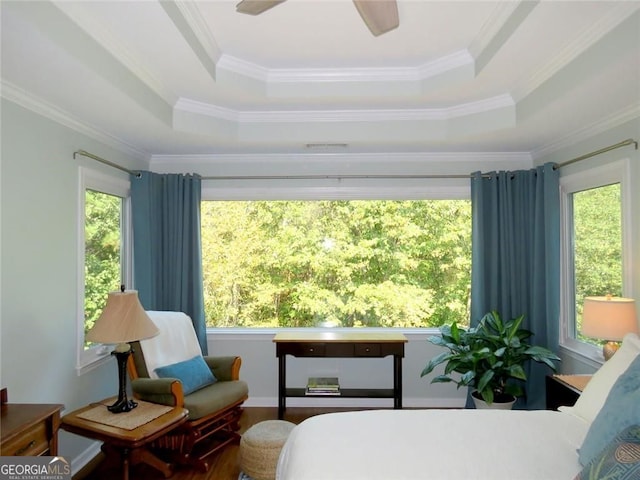 21 Devin Ln, Euharlee, GA 30145 - bedroom featuring a tray ceiling, multiple windows, ornamental molding, and ceiling fan
