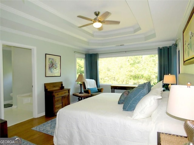 21 Devin Ln, Euharlee, GA 30145 - bedroom with a tray ceiling, multiple windows, wood finished floors, ornamental molding, and a ceiling fan
