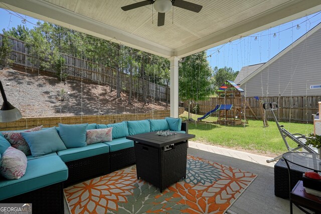 383 Crestbrook Ln, Dallas, GA 30157 - view of patio / terrace featuring an outdoor hangout area, a playground, and a ceiling fan