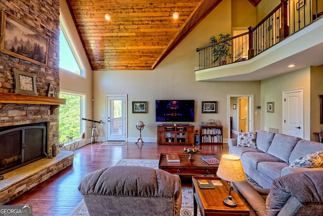 421 Hickory Nut Mountain Rd, Tallulah Falls, GA 30573 - living room with high vaulted ceiling, wood ceiling, hardwood / wood-style floors, a fireplace, and recessed lighting