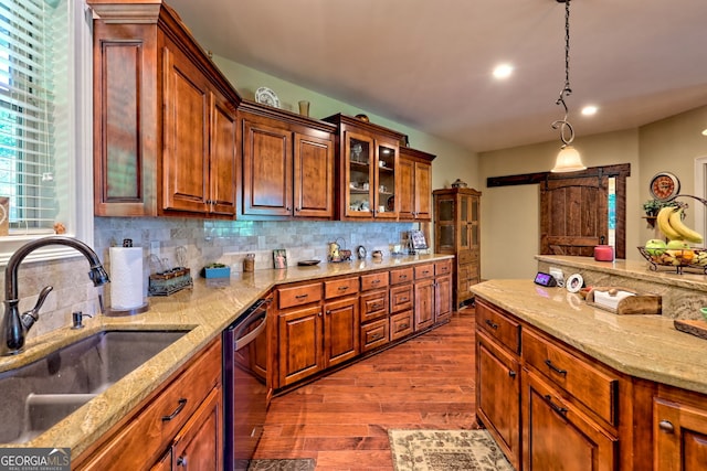 421 Hickory Nut Mountain Rd, Tallulah Falls, GA 30573 - kitchen with dishwasher, dark wood-style flooring, backsplash, light stone counters, and recessed lighting