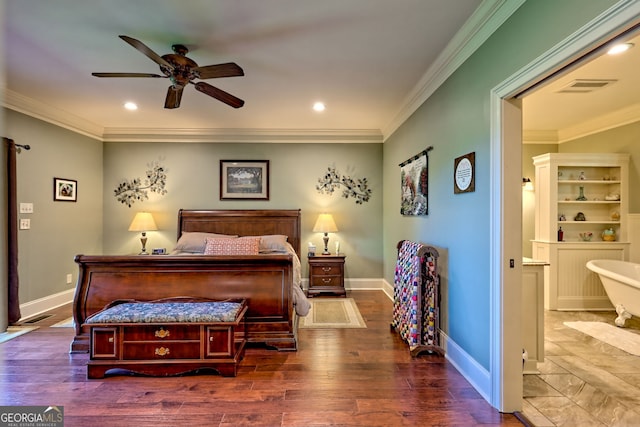 421 Hickory Nut Mountain Rd, Tallulah Falls, GA 30573 - bedroom featuring crown molding, wood finished floors, recessed lighting, and ceiling fan