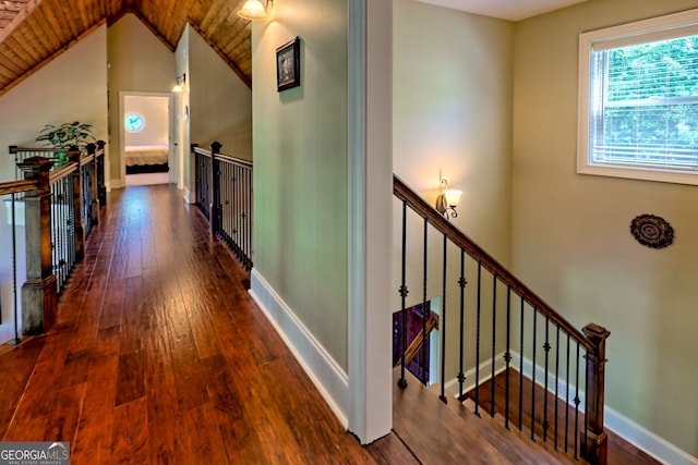 421 Hickory Nut Mountain Rd, Tallulah Falls, GA 30573 - hallway with wood-type flooring, an upstairs landing, wooden ceiling, and lofted ceiling
