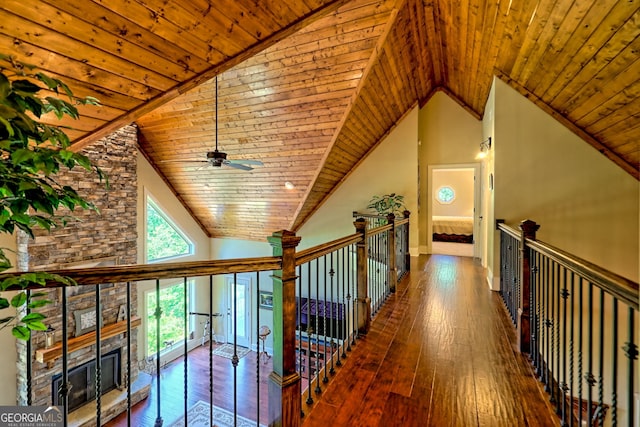421 Hickory Nut Mountain Rd, Tallulah Falls, GA 30573 - corridor featuring wood ceiling, wood-type flooring, vaulted ceiling, and an upstairs landing