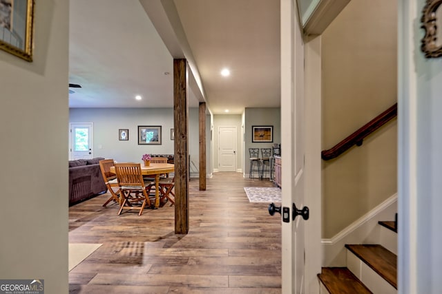 421 Hickory Nut Mountain Rd, Tallulah Falls, GA 30573 - dining room with stairs, wood finished floors, and recessed lighting