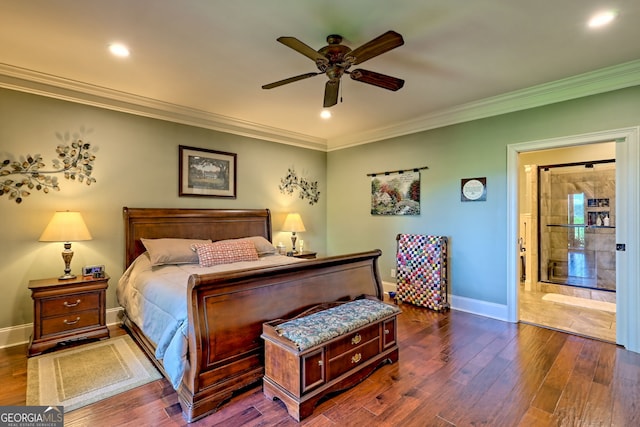 421 Hickory Nut Mountain Rd, Tallulah Falls, GA 30573 - bedroom featuring ornamental molding, dark wood finished floors, recessed lighting, and ceiling fan