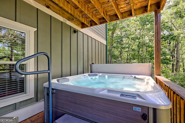 421 Hickory Nut Mountain Rd, Tallulah Falls, GA 30573 - wooden terrace featuring a hot tub