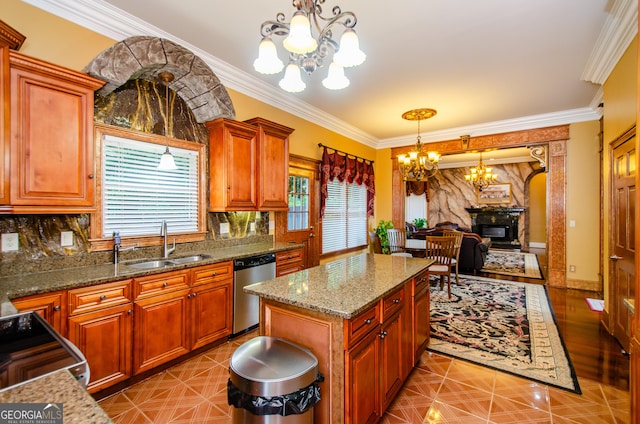 2120 Shaffer Rd, Cumming, GA 30041 - kitchen featuring a chandelier, stainless steel dishwasher, a sink, black electric range oven, and crown molding