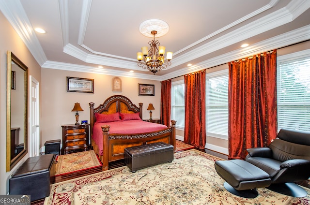 2120 Shaffer Rd, Cumming, GA 30041 - bedroom featuring a raised ceiling, ornamental molding, a chandelier, baseboards, and wood finished floors