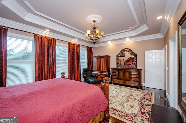 2120 Shaffer Rd, Cumming, GA 30041 - bedroom featuring a tray ceiling, a chandelier, crown molding, and recessed lighting