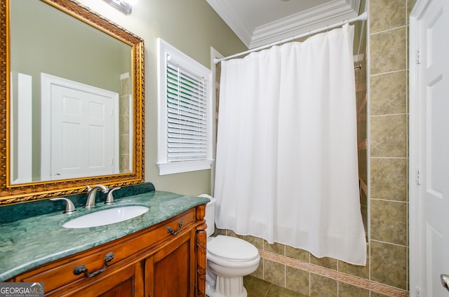 2120 Shaffer Rd, Cumming, GA 30041 - full bathroom featuring crown molding, vanity, toilet, shower / bathtub combination with curtain, and tile patterned flooring