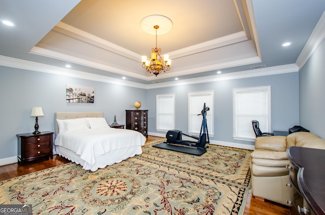 2120 Shaffer Rd, Cumming, GA 30041 - bedroom with a tray ceiling, a chandelier, wood finished floors, crown molding, and recessed lighting