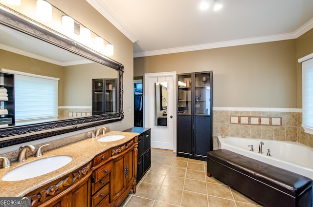 2120 Shaffer Rd, Cumming, GA 30041 - full bath featuring tile patterned flooring, double vanity, a bath, and ornamental molding