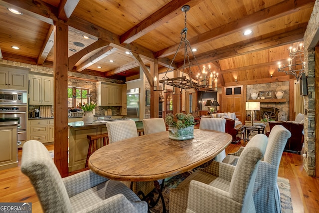 4334 Murray Cove Rd, Tiger, GA 30576 - dining space featuring a chandelier, light wood-type flooring, wood ceiling, recessed lighting, and a stone fireplace