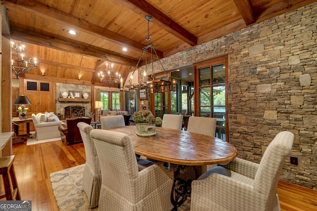 4334 Murray Cove Rd, Tiger, GA 30576 - dining room with a chandelier, light wood finished floors, wooden ceiling, and a stone fireplace