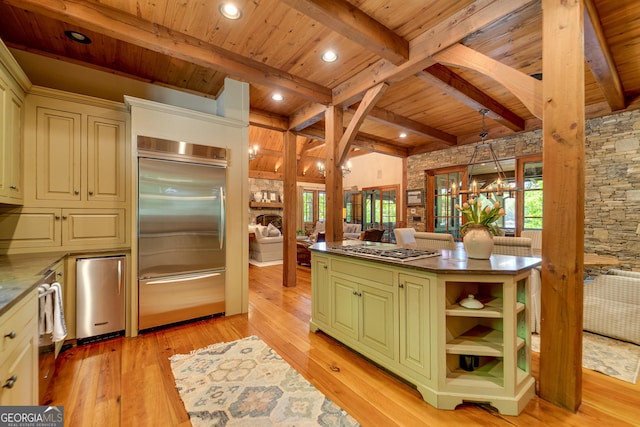 4334 Murray Cove Rd, Tiger, GA 30576 - kitchen with appliances with stainless steel finishes, wooden ceiling with exposed beams, light wood finished floors, dark countertops, and open shelves