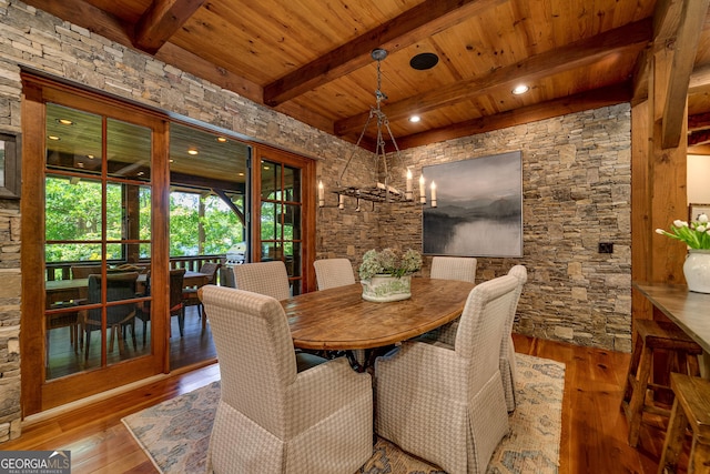 4334 Murray Cove Rd, Tiger, GA 30576 - dining area with wood ceiling with exposed beams, wood-type flooring, and a chandelier