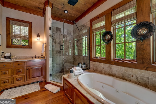 4334 Murray Cove Rd, Tiger, GA 30576 - bathroom with plenty of natural light, a shower stall, a jetted tub, wood-type flooring, and wood ceiling
