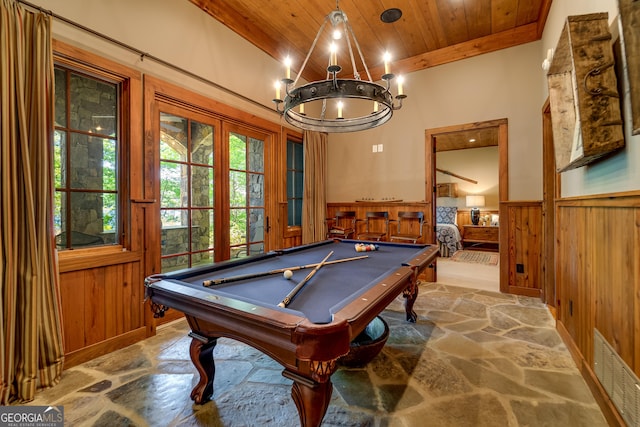 4334 Murray Cove Rd, Tiger, GA 30576 - playroom with stone flooring, wooden ceiling, wainscoting, pool table, and a chandelier