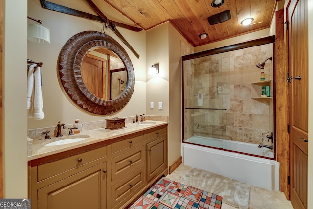 4334 Murray Cove Rd, Tiger, GA 30576 - bathroom with wooden ceiling, double vanity, and bath / shower combo with glass door