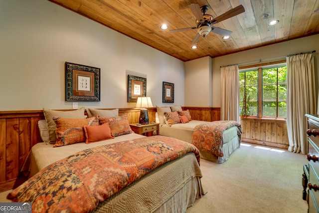 4334 Murray Cove Rd, Tiger, GA 30576 - bedroom featuring wooden ceiling, carpet flooring, a wainscoted wall, recessed lighting, and wooden walls