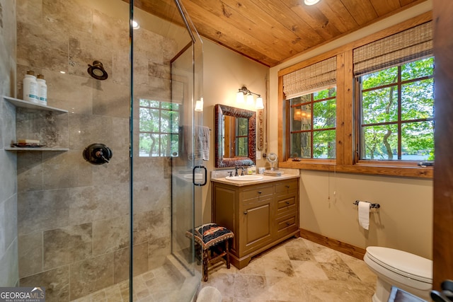 4334 Murray Cove Rd, Tiger, GA 30576 - bathroom with a stall shower, wood ceiling, vanity, toilet, and baseboards