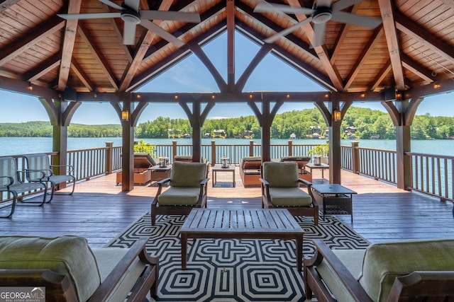 4334 Murray Cove Rd, Tiger, GA 30576 - deck featuring a gazebo, a ceiling fan, and outdoor lounge area