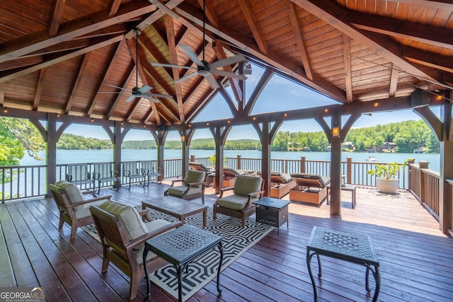 4334 Murray Cove Rd, Tiger, GA 30576 - deck with a gazebo, a ceiling fan, an outdoor hangout area, and a water view