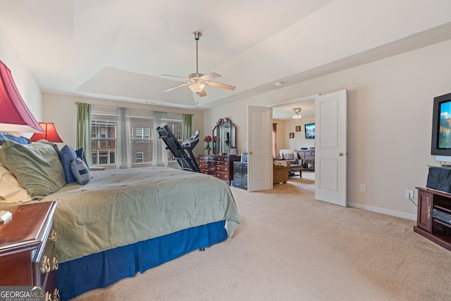 3476 Bridge Walk Dr, Lawrenceville, GA 30044 - bedroom featuring carpet, a raised ceiling, baseboards, and ceiling fan