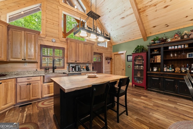 294 Turkey Trl, Jasper, GA 30143 - kitchen featuring butcher block countertops, a sink, dark wood-type flooring, a center island, and a kitchen breakfast bar