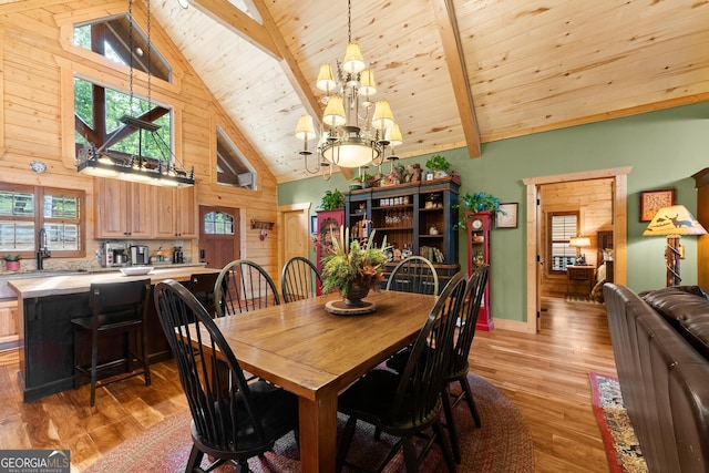 294 Turkey Trl, Jasper, GA 30143 - dining room with a chandelier, light wood-style flooring, wood ceiling with exposed beams, and high vaulted ceiling