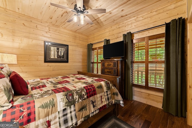 294 Turkey Trl, Jasper, GA 30143 - bedroom featuring wood walls, wood ceiling, wood-type flooring, and a ceiling fan