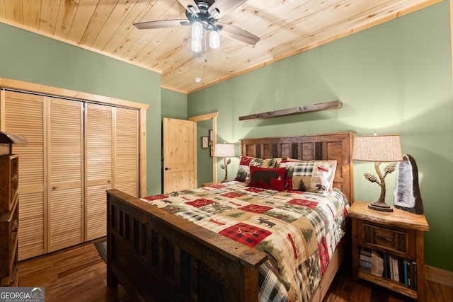 294 Turkey Trl, Jasper, GA 30143 - bedroom with wooden ceiling, wood finished floors, a closet, crown molding, and ceiling fan