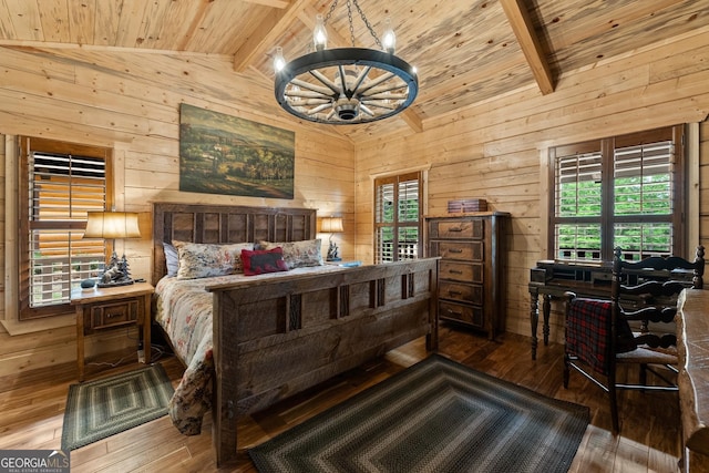 294 Turkey Trl, Jasper, GA 30143 - bedroom with wooden walls, a chandelier, wooden ceiling, and hardwood / wood-style floors