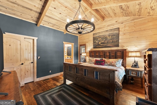 294 Turkey Trl, Jasper, GA 30143 - bedroom featuring wood ceiling, wood walls, wood-type flooring, baseboards, and a chandelier