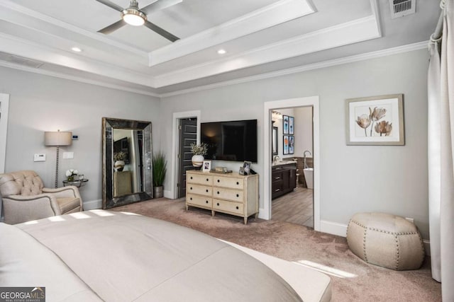 2603 Apple Valley Rd NE, Atlanta, GA 30319 - bedroom with a tray ceiling, carpet flooring, ornamental molding, recessed lighting, and connected bathroom