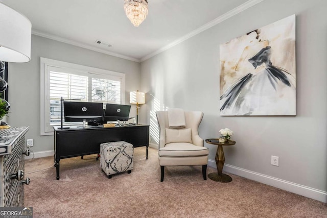 2603 Apple Valley Rd NE, Atlanta, GA 30319 - office area with carpet floors, crown molding, and a chandelier