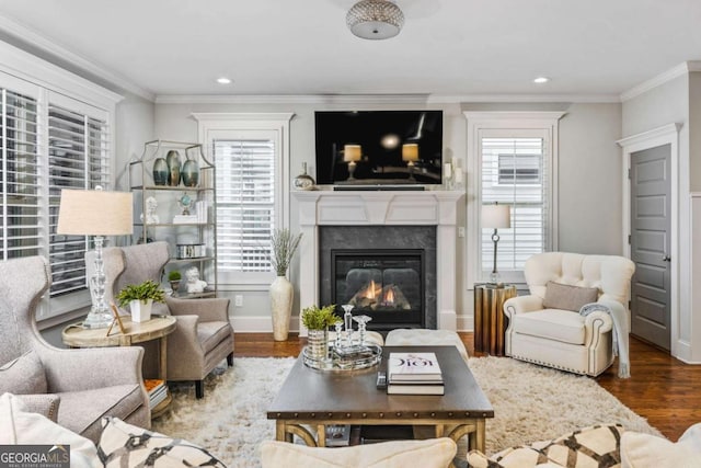 2603 Apple Valley Rd NE, Atlanta, GA 30319 - living room with plenty of natural light, wood finished floors, ornamental molding, a premium fireplace, and recessed lighting