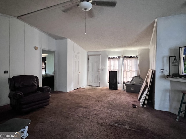 542 Southern Pines Rd, Dublin, GA 31021 - living room featuring carpet, a ceiling fan, vaulted ceiling, and a textured ceiling
