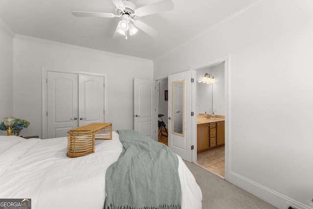 5176 Glen Forrest Dr, Flowery Branch, GA 30542 - bedroom featuring ornamental molding, light carpet, a closet, a sink, and ceiling fan