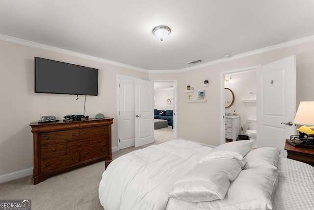 5176 Glen Forrest Dr, Flowery Branch, GA 30542 - bedroom featuring crown molding, light carpet, baseboards, and ensuite bath