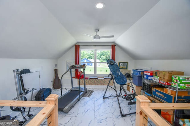 132 Fairview Meadows Dr, Demorest, GA 30535 - workout area with vaulted ceiling, ceiling fan, light marble finish flooring, and recessed lighting