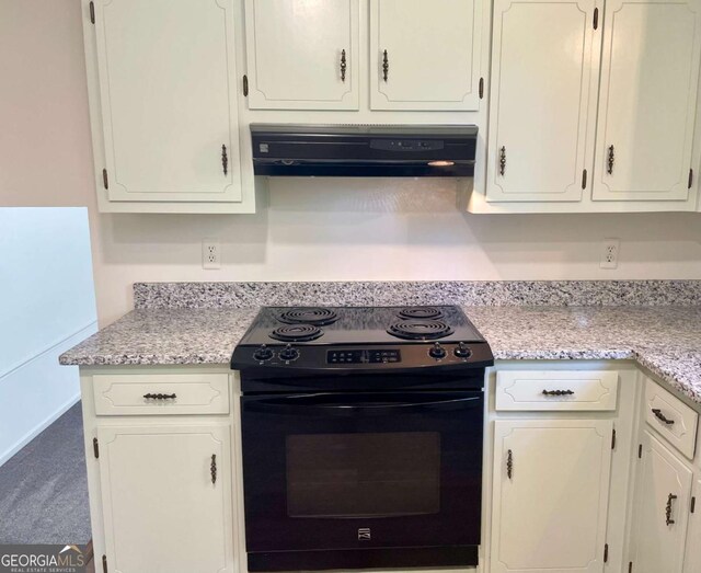 1028 Gate Post Ln, Lawrenceville, GA 30044 - kitchen featuring black electric range, exhaust hood, light countertops, and white cabinets